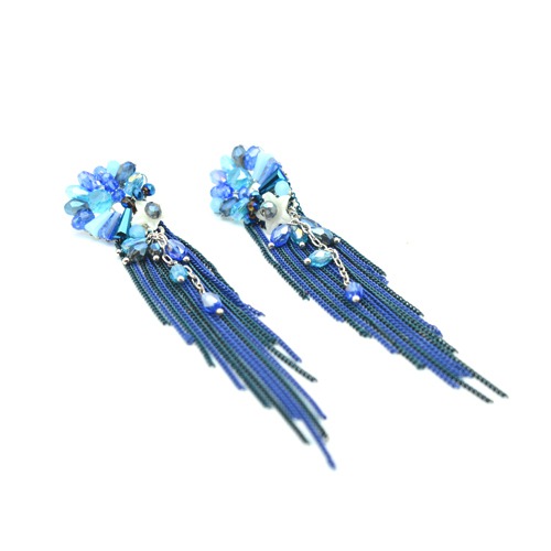 Blue Stone-Studded Tasselled Floral Drop Earrings | Earring For Women's