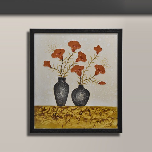 Textured Hand Painting Of Copper Color Flowers in Vas For Bed Room ,office, Living Room