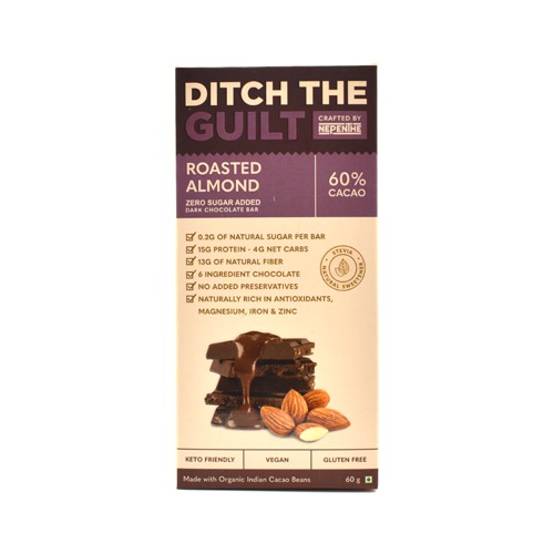Roasted Almond Vegan Dark Chocolate - Zero Sugar Added - Stevia Sweetened - High Protein