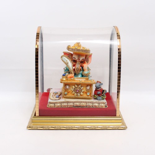 Multicolor Stone Work Polyresin Munim Lord Ganesha Idol For Home & Office Decor