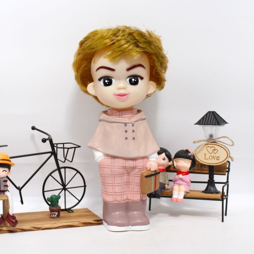 Short Hair Boy With Bag Doll Money Saving Bank Toy for Kids | Pink | Showpiece | Decor | Kids | Piggy Bank