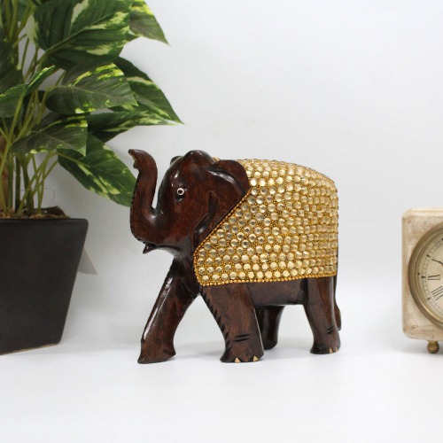 Small Stone Golden Wooden Elephant Statue Figure Showpiece For Home Decor