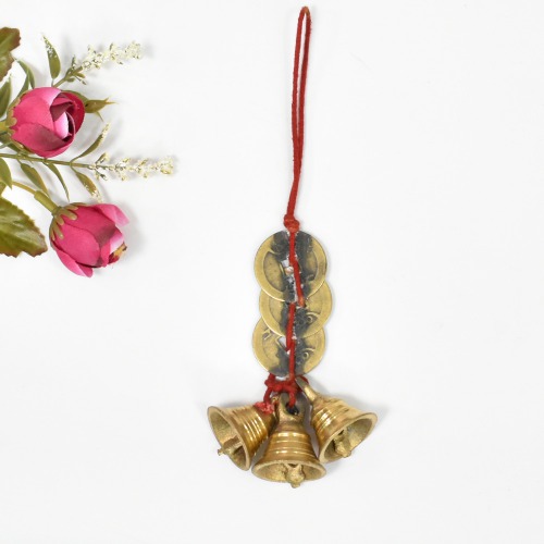 Fengshui Vastu Lucky Brass Hanging Bell Three Chinese Coins Main Entrance Door Hanging Decorate