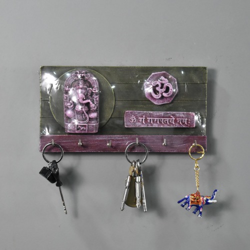 Ganesha Side Shelf Wall Shelves Wooden Shelf Rack | 6 Key Hanger Hooks Key-Holder | Multi Color