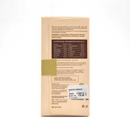 Roasted Almond Vegan Dark Chocolate - Zero Sugar Added - Stevia Sweetened - High Protein