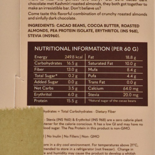 Roasted Almond Vegan Dark Chocolate - Zero Sugar Added - Stevia Sweetened - High Protein