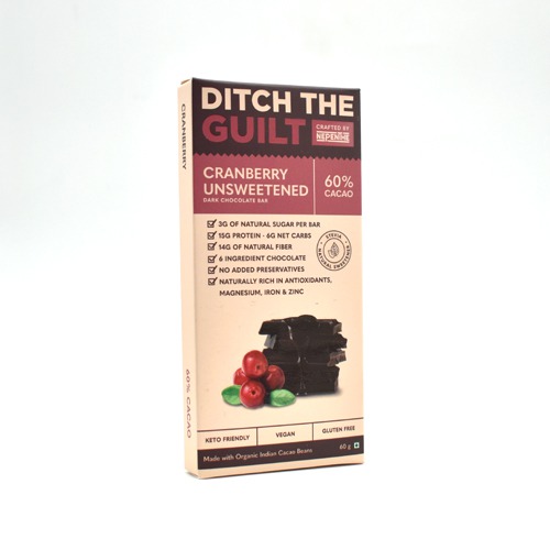 Cranberry (Unsweetened) Vegan Dark Chocolate - Zero Sugar Added - Stevia Sweetened - High Protein